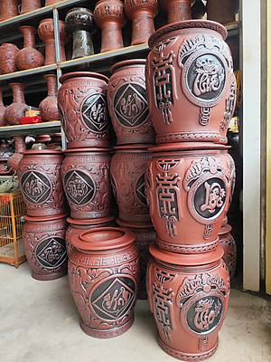 Hũ Sành Đựng Gạo Mẫu Nắp Nhọn Tài Lộc Điêu Khắc Hoa Văn GSBT