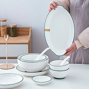 Bộ bát đĩa gốm sứ Phương Đông trắng viền xanh sang trọng, chén dĩa decor trang nhã, tặng kèm bộ đũa gỗ