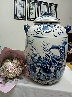 Hũ đựng rượu gạo vẽ cá chép gốm sứ Bát Tràng