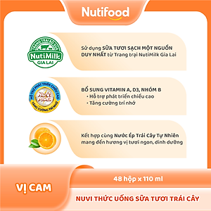 Thùng 48 hộp Thức Uống Sữa Tươi Trái Cây Tươi Nuvi Vị Cam 110ml - Tăng Cường Chiều Cao, Phát Triển Trí Não