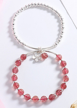 Vòng tay 2 line đá thạch anh dâu phối charm hoa bạc mệnh hỏa, thổ - Ngọc Quý Gemstones