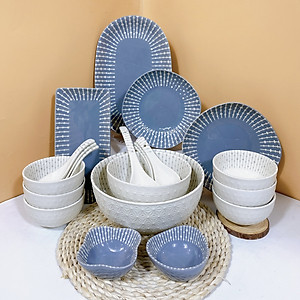 Bộ bát đĩa chén đĩa cao cấp Gosu họa tiết giọt nước màu trắng xám sang trọng