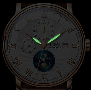 Đồng hồ nam chính hãng LOBINNI LB11023G-D1 Kính sapphire chống xước,chống nước 50m,mặt trắng vỏ vàng hồng dây da nâu xịn, thép không gỉ 316L,Đồng hồ cơ (Automatic) bảo hành 24 tháng,thiết kế đơn giản và sang trọng