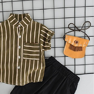 Set bé trai gồm sơ mi sọc ngắn tay và quần dài đen - Bộ quần áo bé trai từ 9-18kg (MKS-1125048)