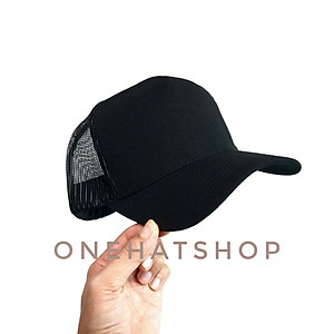 Nón Lưỡi Trai Vành Cong fom Trucker trơn đen Lưới quai cài nút Brand One Hat