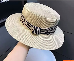 Nón mũ rộng vành nhỏ chất liệu cói mũ rộng vành đi biển phối đai vân sọc Zebra mẫu mới thời trang Hàn Quốc dona24082505