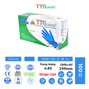 Găng Tay Cao Su Y Tế Size XL Không Bột Nitrile TTGLOVES Màu Xanh (100 Chiếc) 