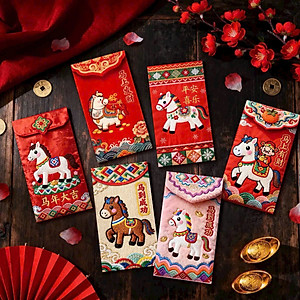 Set Lì Xì Ngựa Thêu In Bìa Đẹp, Bao lì xì Tết Bính Ngọ 2026, Loại Dày Sắc Nét