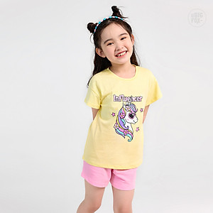 Bộ Đồ Quần Áo Cộc Tay Cho Bé Gái Missmeow Mặc Mùa Hè Chất Liệu Cotton In Hình Kỳ Lân Pony Size Đại Trẻ Em 3,4,5,6,7,8 Tuổi