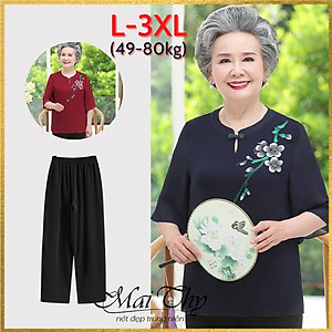 Đồ bộ nữ trung niên đồ bộ cho mẹ mặc nhà ống rộng, áo thêu hoa, vải voan mịn mát, có size lớn