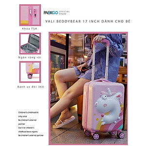 Vali Kéo Du lịch Trẻ Em MCN Beddy Bear 17 inch - họa tiết Kỳ Lân dập nổi 3D chống va đập, bánh xoay 360 - Khóa TSA cố định trên Vali - Bảo hành 5 năm MIỄN PHÍ