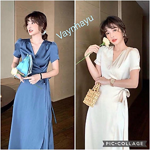 Đầm lụa Satin kiểu Pháp cổ V, váy dự tiệc trắng xanh, vô cùng lịch lãm, quý phái, sang trọng.