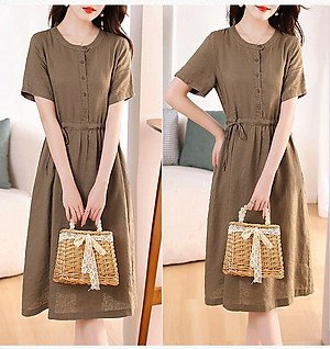 Đầm linen nữ trơn tay ngắn kết hợp phối cúc và rút eo , có nhiều màu dễ mặc đi chơi hay đi làm Da217