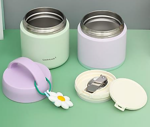 Bộ 2 hộp cơm giữ nhiệt LocknLock New Tower Vacuum Lunch Box LHC8055VOL thép không gỉ 304 kèm muỗng và họa tiết trang trí