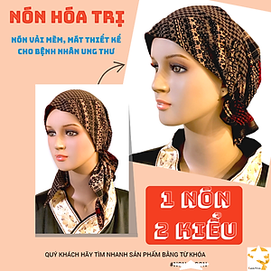 Nón hóa trị vải mềm mát, hút mồ hôi, bệnh nhân ung thư, chemo hat, cancer hat, nón trùm đầu, mũ vải [KIỂU ĐUÔI XÒE-CAM ĐEN HỌA TIẾT]