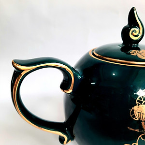 Bộ ấm chén Bát Tràng cao cấp phú quý Mallard màu xanh Arctic họa tiết hoa sen vẽ vàng 24k 