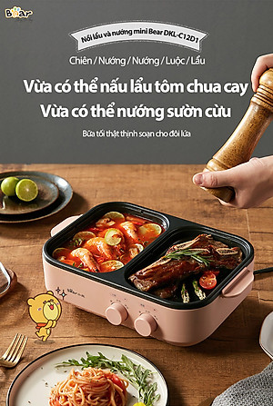 Nồi Lẩu Điện Mini, Nồi Lẩu Nướng Bear DKL-C12D1 Dung Tích 1.2 Lít Công Suất 1200 W - Hàng Nhập Khẩu