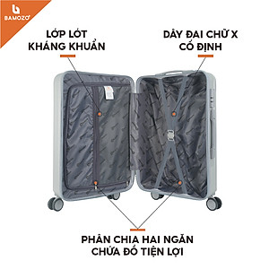 Vali du lịch BAMOZO 8801 MÀU BẠC size 20/24, vali kéo nhựa được bảo hành 5 năm.