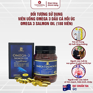 Viên uống Omega 3 dầu cá Hồi nhập khẩu chính hãng Úc OMEGA 3 SALMON OIL (180 viên) hỗ trợ giảm mỡ máu, giảm nguy cơ xơ vữa động mạch, cung cấp các chất dinh dưỡng cần thiết cho não bộ, tốt cho mắt