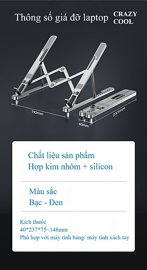 Giá Đỡ Laptop Hợp Kim Nhôm Cao Cấp Gấp Gọn CRAZY COOL, Giúp Tản Nhiệt Laptop, Macbook, Máy Tính Xách Tay - 10 Vị Trí Điều Chỉnh Góc Độ - Hàng Chính Hãng