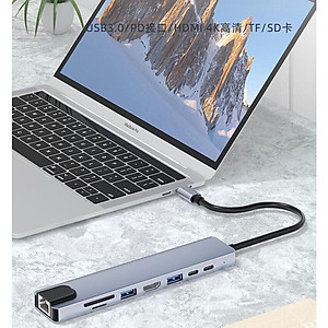 Bộ Chuyển Đổi Hub 8 Trong 1 Type C 3.1 Sang HDMI 4K-Mạng RJ45 Đọc Thẻ SD / TF Cho MacBook Notebook Laptop Máy Tính-Hàng Chính Hãng