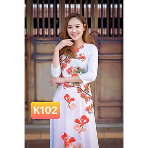 Áo dài Thúy Kiều in 3D lụa Nhật trắng hoa phượng đỏ K102