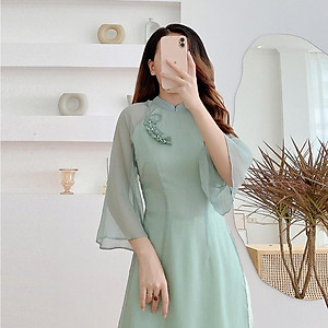 Áo Dài Cách Tân Đính Hoa Ngực Thiết Kế Chính Hãng Nguyễn Phan, Áo Dài Nữ 4 Tà Tay Loe Nữ Tính