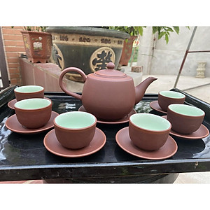 Ấm Chén Trà Tử Sa Bát Tràng Búp Sen Nâu Chỉ Đỏ