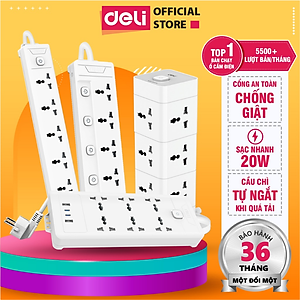 Ổ Cắm Điện Đa Năng DELI Sạc Nhanh TypeC USB PD20W 2-12 Ổ Vuông Dẹt Chịu Tải 2500W, Cầu Chì Tự Ngắt