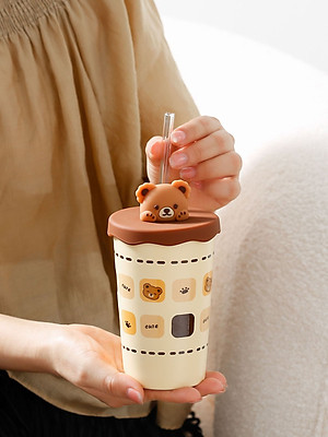 Ly Gốm Sứ Gấu dễ thương 420ML kèm Nắp silicon và Ống hút thủy tinh