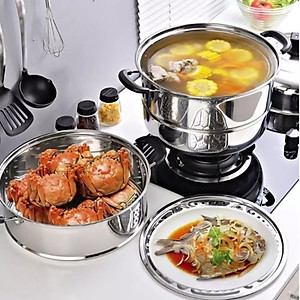 Nồi Hấp Inox 3 Tầng Siêu To Nồi Hấp Bánh Bao Bánh Flan Hấp Thức Ăn 28CM Dùng Cho Cả Bếp Từ Và Bếp Ga Tặng Kèm Xửng Hấp