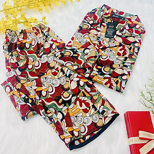 Bộ Pyjama nữ, đồ mặc nhà VILADY- B139 Quần Dài Tay Cộc Họa Tiết Con sò Màu Đỏ Đô, chất liệu lụa Pháp