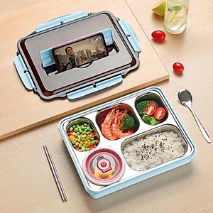 Hộp Cơm Văn Phòng 5 Ngăn Inox 304 Giữ Nhiệt Chống Tràn Có Giá Điện Thoại Tặng Thìa Đũa Cao Cấp- Hàng Chính Hãng MINIIN
