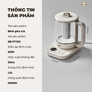 Ấm điện siêu tốc thủy tinh kiêm bình pha trà SB-PT15K dung tích 1.5 lít công suất 1000W- Hàng chính hãng