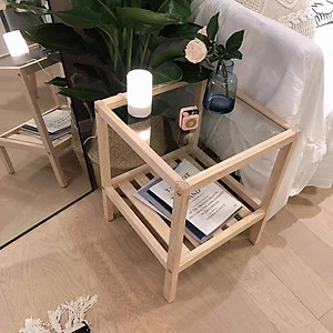 Tủ Đầu Giường Gỗ, Kệ Tab Đầu Giường Mini Mặt Kính Chịu Lực Gỗ Tự Nhiên