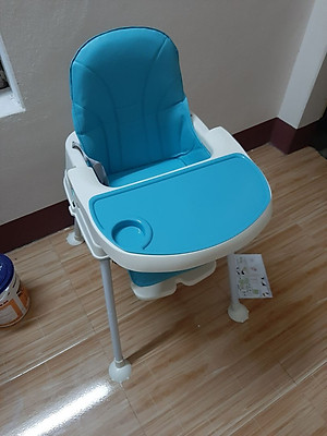 Ghế ăn dặm gấp gọn có đệm và bánh xe, Màu Xanh Bé trai tặng 1 thìa ăn và 1 gói khăn sữa cao cấp