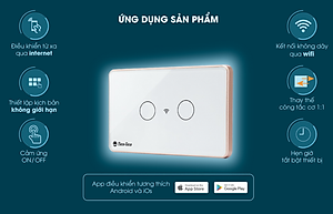 Công tắc cảm ứng Rạng Đông RD-CT.02.WF điều khiển từ xa, mặt kính cường lực chống xước, 2 nút bấm - Hàng chính hãng