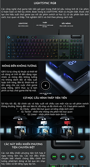 Bàn phím game cơ học RGB Logitech G813 - 3 loại switch cấu hình thấp, cổng USB 2.0, 5 nút lập trình, media chuyên biệt, RGB Lightsync - Clicky Switch - Hàng chính hãng
