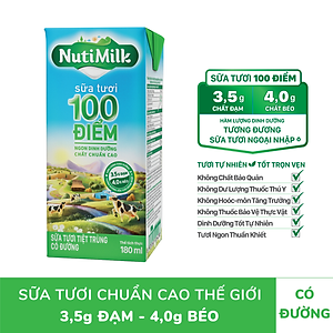 Thùng 48 Hộp NutiMilk Sữa tươi 100 điểm - Sữa tươi tiệt trùng Có đường 180ml TU.STCD180TI NUTIFOOD