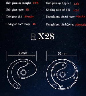 Tai nghe bluetooth thể thao RIBI X28 - Thiết kế đẹp mắt - Pin lâu - không gây đau tai - Phù hợp chạy bộ và đạp xe - Hàng Chính Hãng