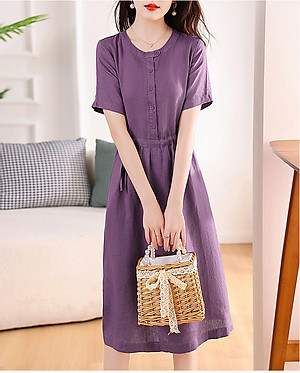 Đầm linen nữ trơn tay ngắn kết hợp phối cúc và rút eo , có nhiều màu dễ mặc đi chơi hay đi làm Da217