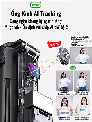 Gậy quay video MP19s thông minh,chụp ảnh, livestream, kim loại bền bỉ, gimbal 360 dõi theo, nâng cấp, hàng chính hãng