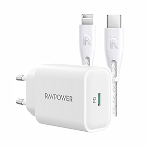 Combo Củ Sạc Nhanh 25W RAVPower RP-PC156 Và Cáp Type-C to Lightning MFI Dây Nylon Siêu Bền Dài 1.2M RP-CB1004 Sạc Nhanh Đến 20W Cho iPhone, Cho iPad - Hàng Chính Hãng