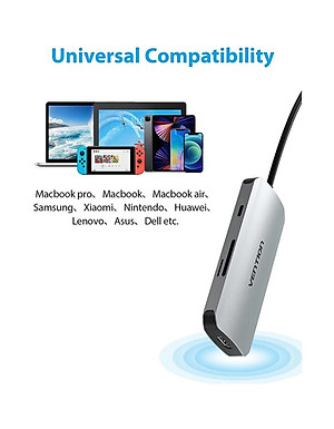 Hub Type-C to HDMI 6 in 1 cho Macbook có sạc nhanh - Chuyển đổi HUB USB Type C to HDMI, VGA, USB 3.0, PD Type-C Vention - Hàng chính hãng