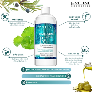 Nước Tẩy Trang Eveline Hyaluron Clinic B5 Và Tinh Chất Rau Má Làm Dịu, Dưỡng Ẩm Phục Hồi Da 500ML