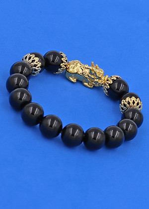 Vòng đeo tay đá Thạch Anh Đen 12 ly - Vòng tay Tỳ Hưu Phong Thủy Chiêu Tài Lộc inox vàng VTAETHBKV12