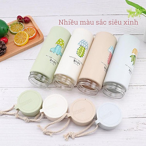 Bình Đựng Nước Lõi Thủy Tinh Họa Tiết Xương Rồng Dễ Thương Dung Tích 450ml - Bình Giữ Nhiệt In Hình Xương Rồng 450ml Lõi Thủy Tinh Bọc Và Nhựa Lúa Mạch Có Dây Sách Tiện Dụng - Giao Màu Ngẫu Nhiên