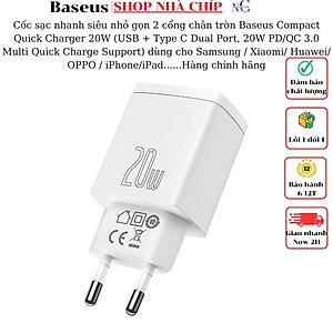 Cốc sạc nhanh siêu nhỏ gọn chân tròn Baseus Compact Quick Charger 20W (USB + Type C Dual Port, 20W PD/QC 3.0 Multi Quick Charge Support) dùng cho Samsung / Xiaomi/ Huawei/ OPPO / iPhone/iPad......Hàng chính hãng