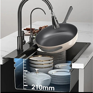 Chậu rửa bát inox304 chống xước 7845 nano đen dày 3li, vòi rửa bát nóng lạnh rút dây nano, bộ xả, khay inox, xịt ly cốc, bình rửa bát