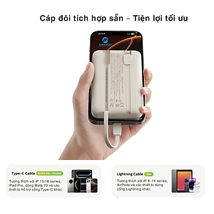 Pin dự phòng sạc nhanh ROCK P99 PD 22.5W 20000mAh có cáp tích hợp , hàng chính hãng bảo hành 1 năm